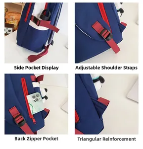 Detailed close-up of backpack side pocket, adjustable strap, hidden zip, and stitching