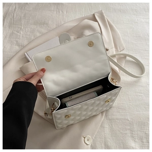 Detail showing the internal storage space and gold magnetic closure of the quilted bag