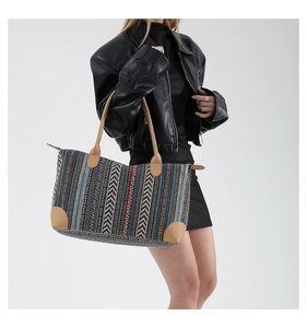 Detailed close-up of colorful geometric patterns on a large casual shoulder tote bag