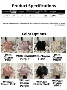 Size chart and dimensions for the retro chain bucket bag with material details