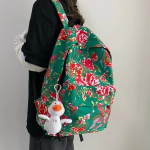 Nylon Floral Print Backpack Large Capacity Vintage Ethnic Style School Bookbag Casual Travel Daypack With Cute Duck Toy For Students