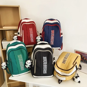 Large Capacity Nylon School Backpack Contrast Color Waterproof Student Bag For Teen Girls Casual Travel With Panda Pendant