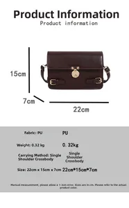 Size chart for brown PU crossbody bag showing dimensions 22x15x7cm and 0.32kg weight