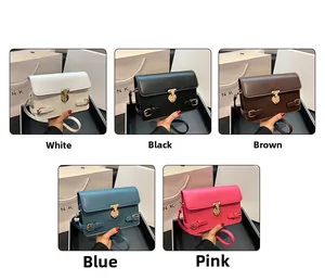 Detail showcasing minimalist PU leather crossbody bag in white, black, brown, blue, and pink