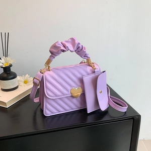 Women Quilted PU Leather Square Handbag With Scrunchie Handle Gold Heart Buckle Crossbody Shoulder Bag Small Pouch Set