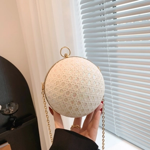 Chic round evening clutch with lace sequins and gold chain strap for party