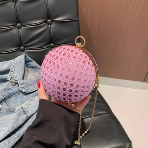 Sparkly purple spherical evening clutch bag with sequins and a gold chain strap