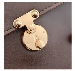 Macro view of the gold-tone metal disc clasp and lychee grain leather texture
