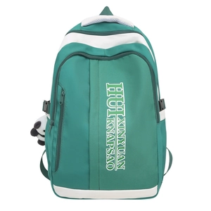 Large capacity green and white colorblock nylon backpack with a panda keychain for students