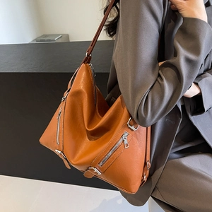 Sac à Épaule en Similicuir pour Femmes Sac Hobo Rétro avec Décoration de Fermeture Éclair en Métal Grande Capacité Fourre-tout Souple pour le Quotidien