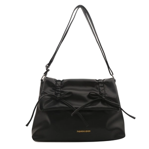 Chic black PU leather tote bag with bow accents and elegant pleated fold detail