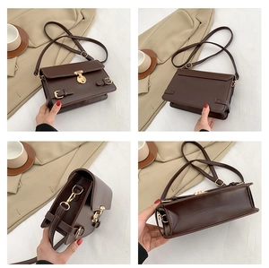 Detailed views of a dark brown faux leather shoulder bag with gold metal hardware