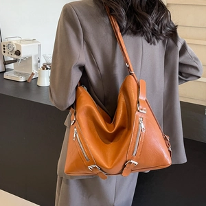 Sac fourre-tout minimaliste en cuir PU marron avec fermetures éclair argentées