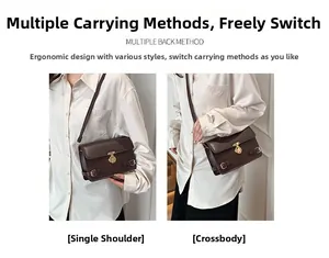 Detail showing dark brown litchi pattern leather bag used as shoulder and crossbody bag