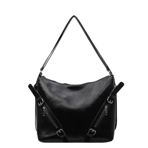 Sac fourre-tout noir brillant minimaliste avec doubles zips diagonaux et détails argentés