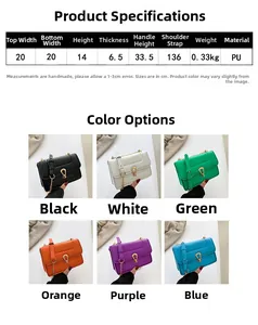 Tableau des tailles et dimensions pour le sac à bandoulière en PU en six couleurs