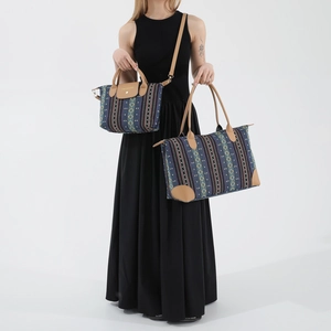 Ethnic pattern two-piece handbag set with large tote and medium handbag for women