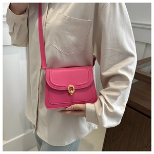 Detail of rose pink crossbody bag with gold oval twist lock and U-shaped stitching