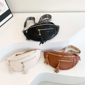 Sac de Poitrine Femme Mode Cuir PU Texture Litchi Sac Banane Avec Glands Bandoulière Large Géométrique Sac à Bandoulière Décontracté Quotidien