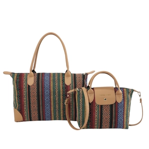 Bohemian large tote bag and matching handbag set with colorful geometric woven patterns