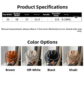 Size chart showing dimensions for the quilted PU leather bucket bag with chain strap