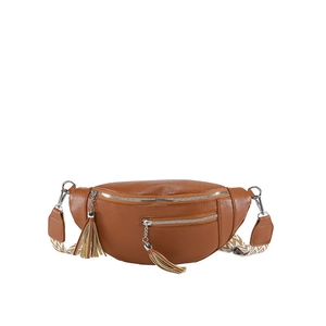 Sac banane en cuir marron avec fermeture à franges et bandoulière à motifs vagues géométriques