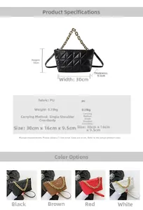 Detailed size specifications and material info for quilted crossbody bag with gold chain