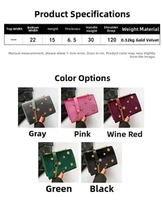Tableau des tailles du sac en velours et cinq coloris disponibles pour ce sac mode