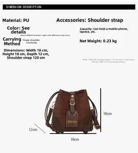 Detailed dimension overview of contrast color PU leather bucket bag with size markings