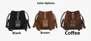 Detailed comparison of vintage bucket bags in black, brown, and coffee matte finishes