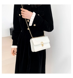 Gros plan d'un mini sac à main blanc avec fermoir en U doré et bandoulière sur un mannequin