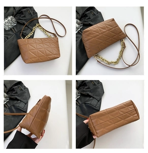Detailed views of a brown quilted crossbody bag with golden chain and leather strap