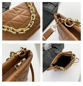 Detailed views of brown quilted crossbody bag featuring golden chain and PU leather texture