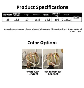 Detailed size chart and specifications for the vertical striped pleated bucket bag