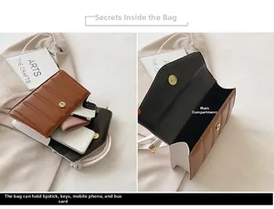 Detail view showing spacious interior storage of two-tone quilted leather crossbody bag