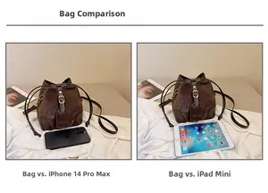 Detailed size comparison of retro bucket bag with iPhone and iPad for scale