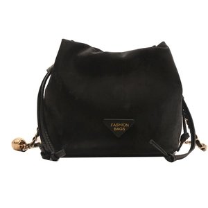 Retro black velvet bucket bag with gold chain strap and decorative metal ball
