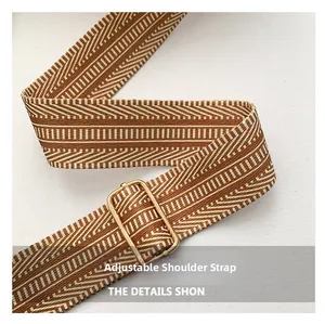 Detail of adjustable woven shoulder strap with brown and white geometric patterns
