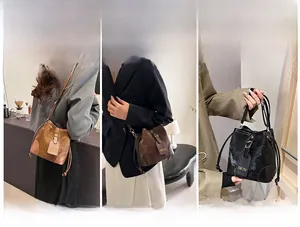 Detailed views of multi-way bucket bag showing crossbody and shoulder wear options