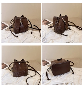 Detailed four-way view of a brown drawstring bucket bag with textured faux leather finish