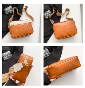 Detailed four-angle view of quilted color-block crossbody bag with a wide ethnic strap