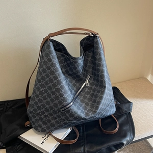 Women Large Capacity PU Leather Shoulder Tote Bag Vintage Printed Patchwork Crossbody Handbag With Diagonal Zipper For Daily