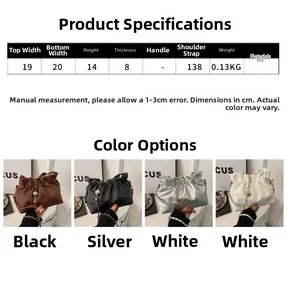 Size specifications and four color options for the pleated chain bucket shoulder bag