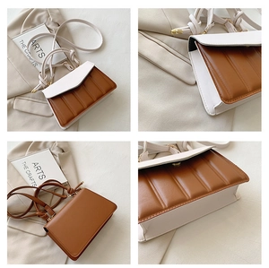 Detailed views of a two-tone crossbody bag with quilted texture and knot strap details