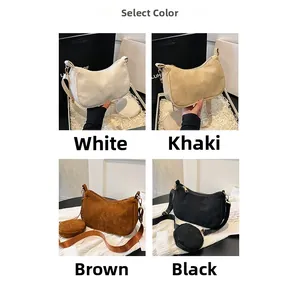 Close-up detail of corduroy shoulder bags in white, khaki, brown, and black variants