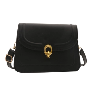 Minimalist black leather crossbody bag for women with elegant golden double ring clasp