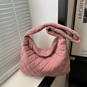Women Large Capacity Corduroy Quilted Tote Bag Korean Style Rhombic Pattern Shoulder Bag Casual Hobo Handbag Travel