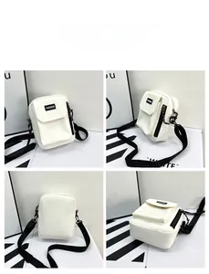 Detailed views of a compact white nylon crossbody bag with adjustable black shoulder straps