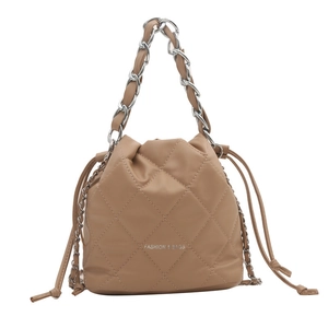 Chic khaki quilted bucket bag with woven chain strap and drawstring closure for women