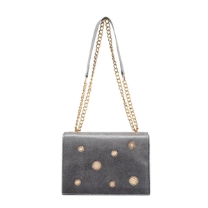 Sac à bandoulière en velours gris foncé avec boucles tournesol dorées et chaîne chic